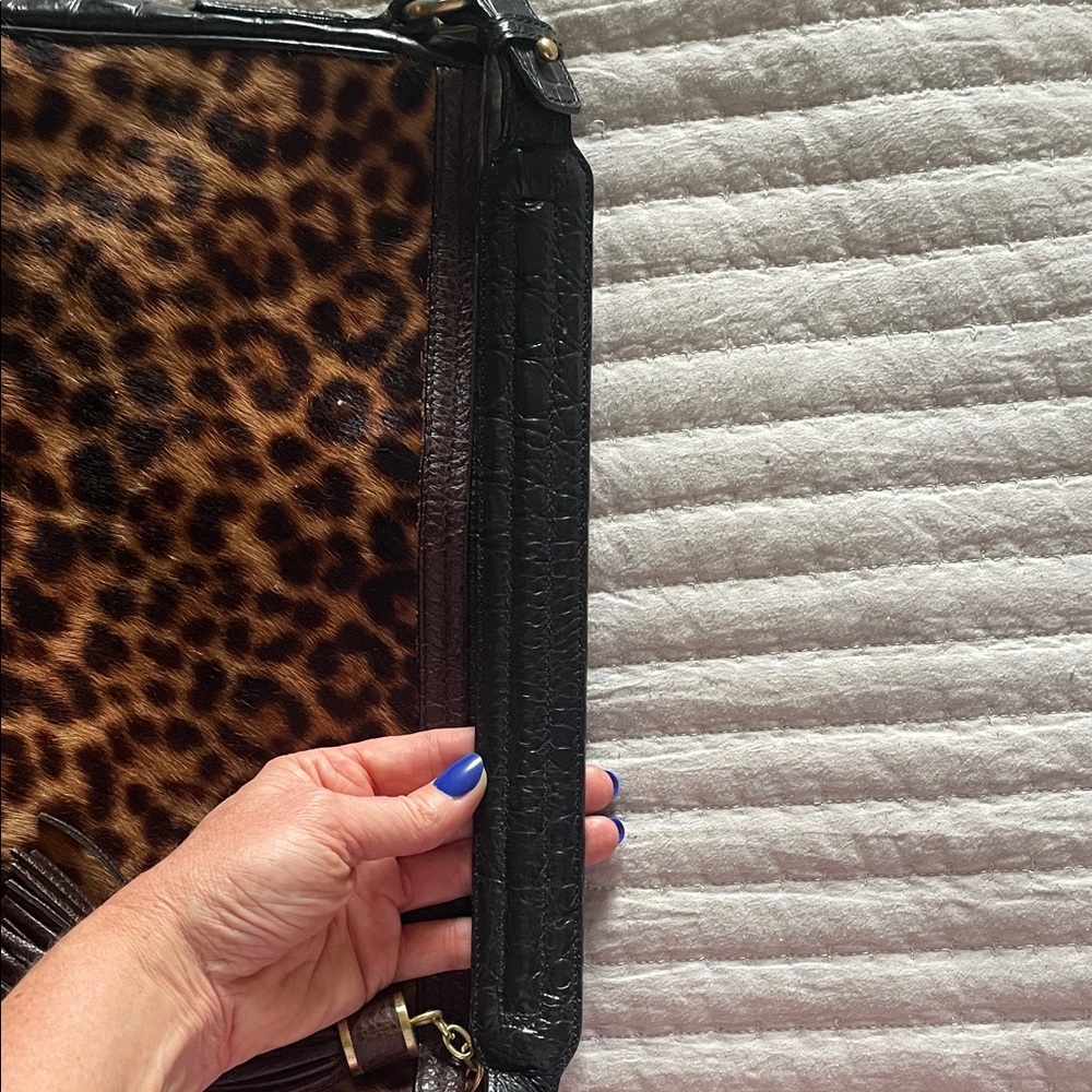Brahmin Leopard Print calf hair Hobo Bag with Black Trim - Picture 6 of 8